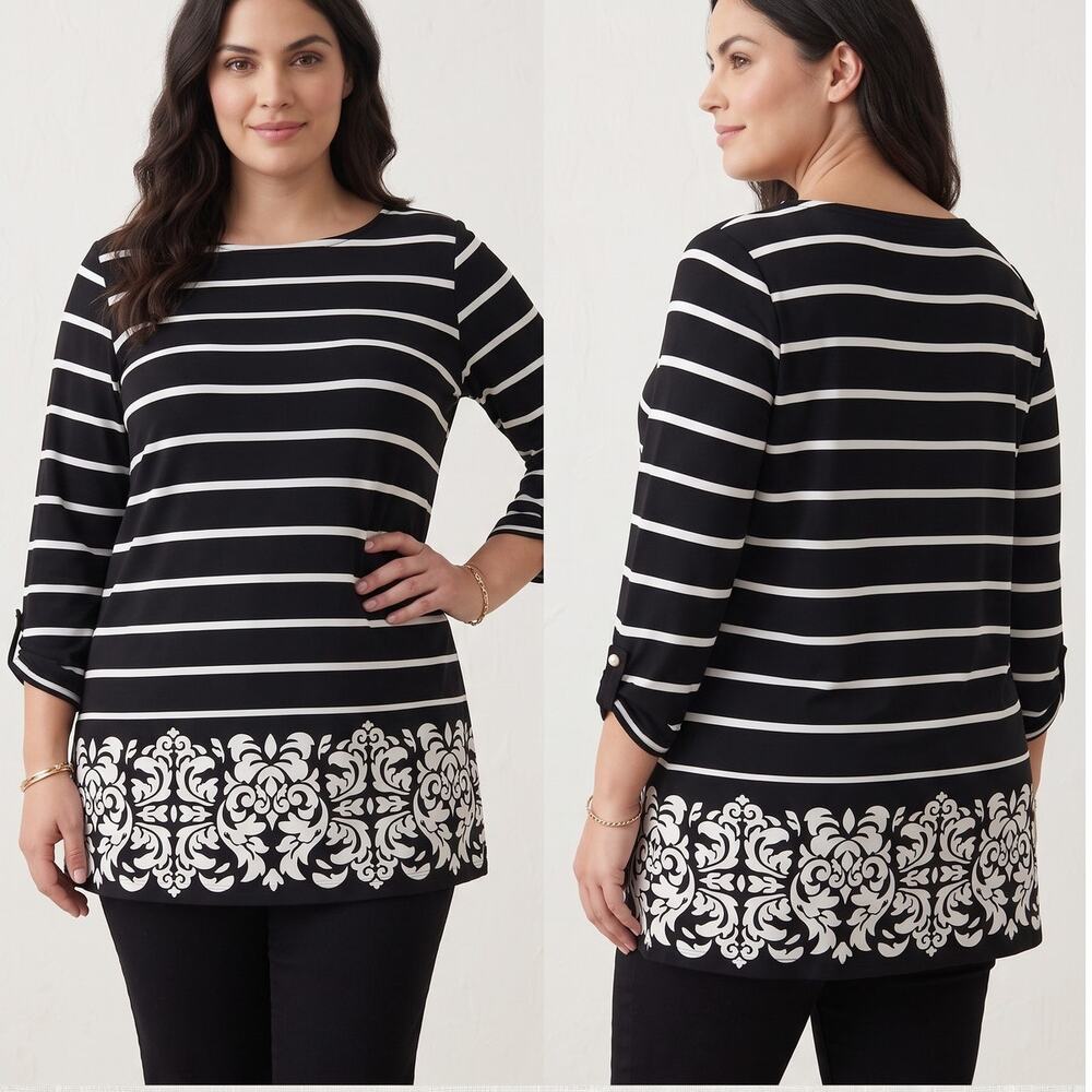 Charter Club Woman Plus Size 1X Polyester Spandex Black White Top